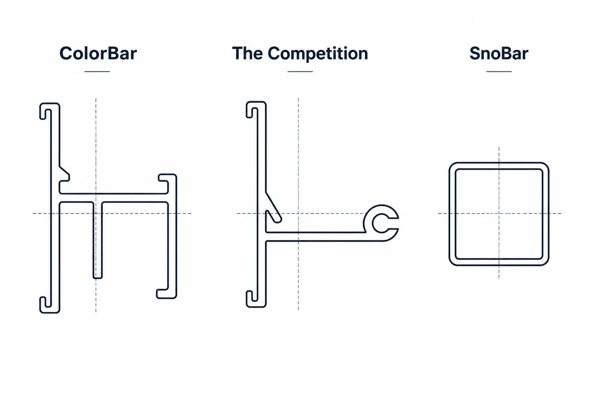 Technical profile comparison showing ColorBar structural aluminum snow rail, a competing aluminum snow rail profile, and SnoBar square steel rail profile
